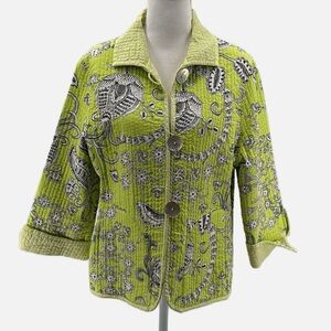 Patty Kim Quilted Cotton Floral Jacket in Lime - Size Large